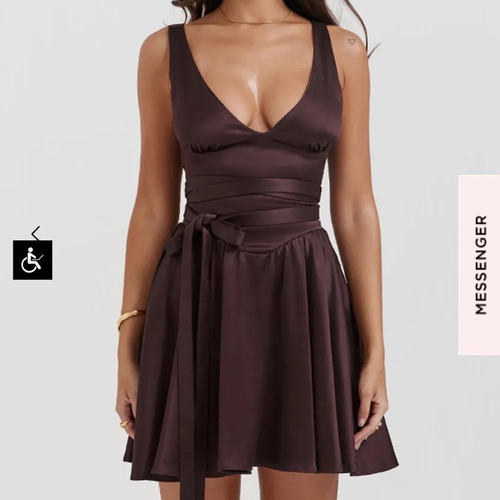 House of CB NWT size XS Shiema brown satin mini tie dress